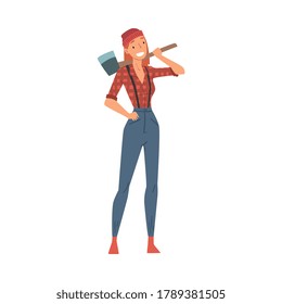 Woman Lumberjack, Female Woodcutter Character in Workwear Standing with Axe Vector Illustration on White Background