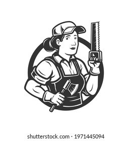  woman lumberjack mascot hold the axe and saw	