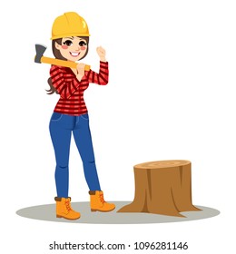 Woman lumberjack with safety helmet standing holding axe working in traditional male role