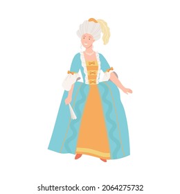 Woman in luxury historical costume of 18th century. Aristocratic Baroque and Rococo fashion cartoon vector illustration