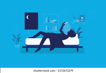 Woman lying awake in bedroom at night using her phone. Smartphone light in face, Restless, sleep deprivation, social media addiction concept. Vector illustration.