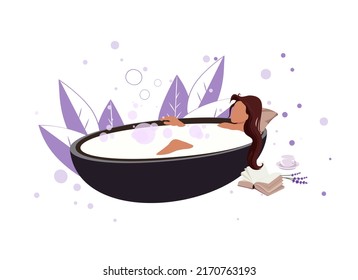 Woman lying in the bathtub with foam and bubble. Taking bath, Relaxation, hygiene, spa procedure, bathroom concept. Cartoon, flat vector illustration.