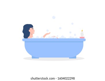 Woman lying in bathtub, taking bath and relaxing, full of soap foam. Flat vector cartoon illustration.