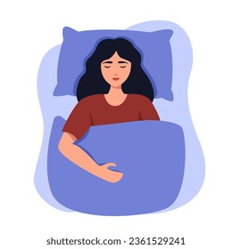 A woman is lying in bed, the woman is fast asleep. Sweet dreams banner. Happy young woman fast asleep and sleeping well. Healthy sleep. Flat vector illustration. Good night.