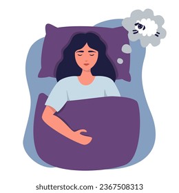 A woman is lying in bed, a woman is fast asleep, counting sheep. Sweet dreams banner. Happy young woman fast asleep and sleeping well. Healthy sleep. Flat vector illustration. Good night.