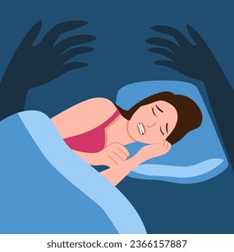 Woman lying in bed and having a nightmare with creepy black hands in flat design. Bad dream concept.