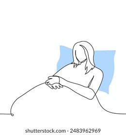 woman lying in bed with her hands folded together on her stomach - one line art vector. nap concept. Handmade vector not AI