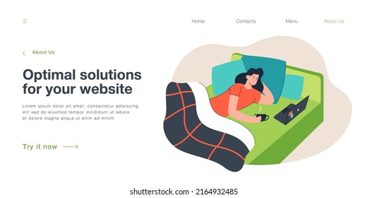 Woman lying in bed with laptop and drinking coffee. Girl working from home or relaxing on Sunday, cozy bedroom flat vector illustration. Remote work, lifestyle concept for banner or landing web page
