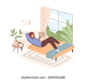 Woman lying in bed with mobile phone. Person relaxing at home, using smartphones and social media. Female texting by cellphone at leisure time. Flat vector illustration isolated on white background