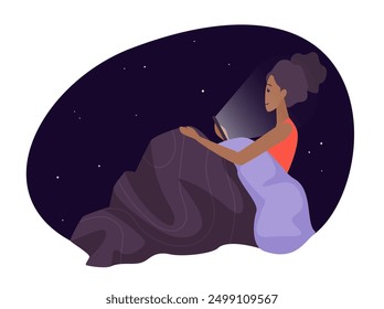 A woman lying in bed at night using a tablet, set against a starry sky, emphasizing nighttime relaxation and digital engagement vector illustration.