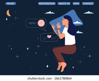 Woman lying in bed on the side with sleeping tracker on her hand.Website page.Device controls quality of dream or slumber during night.Electronic smart watch app.Healthcare and melatonin.Flat style