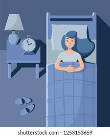 Woman is lying in the bed with open eyes at night. Vector illustration.