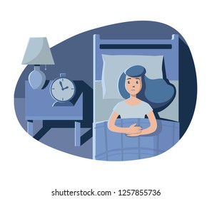 Woman is lying in the bed with open eyes at night. Vector illustration.