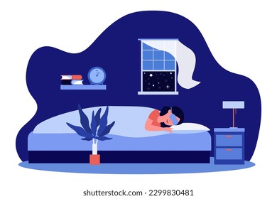 Woman lying in bed with sleeping mask on vector illustration. Cartoon drawing of girl sleeping with mask and open window, insomnia treatment, sleep improvement. Health, sleep disorder concept