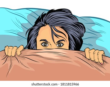 A woman lying in bed staring. She was scared and pulled the blanket over her mouth and nose. Pop art vector illustration.