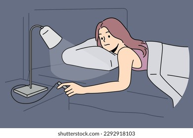 Woman lying in bed turn off lamp on table. Girl relax ready to sleep in home bedroom switch lights. Vector illustration. 