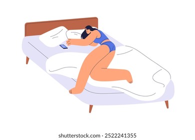 Mulher deitada na cama, acordando de manhã com smartphone. Menina feliz dormindo com celular. Personagem feminina dormindo com dispositivo, tempo de despertar. Ilustração de vetor plano isolada no plano de fundo branco