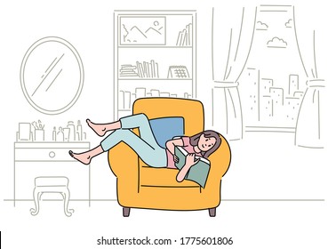 A woman is lying comfortably on the sofa and reading a book. hand drawn style vector design illustrations. 