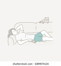 The woman is lying in a daze on the sofa. hand drawn style vector doodle design illustrations.