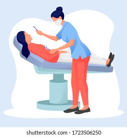 Woman is lying in the dentist chair during the appointment, dental clinic