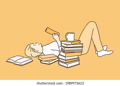 Woman lying down with book reading. Hand drawn style vector design illustrations.