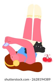 woman lying down with cat and playing mobile games, cozy home lifestyle, relaxation and pet companionship, flat vector illustration