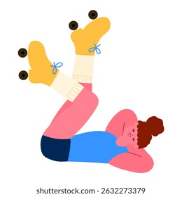 woman lying down with legs raised wearing rollerblades, playful and sporty lifestyle concept