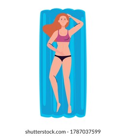 mujer tumbada sobre un flotador inflable con traje de baño, vacaciones de verano diseño de ilustraciones vectoriales