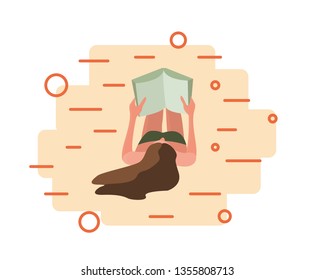Woman lying down reading a book on an abstract background. Summer vacation Lifestyle. Flat cartoon vector illustration, poster and banner.