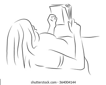 Woman lying down reading a book, Black - and white illustration on the theme of relaxing with a papers. 