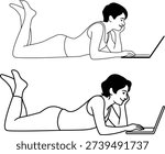 Woman Lying Down Working on Laptop Vector Line Art Illustration for Remote Work and Leisure