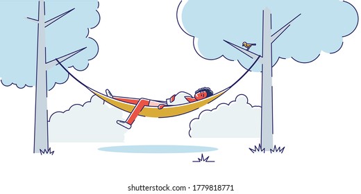 Woman lying in hammock between trees in park or garden. Cartoon female relaxing sleep outdoors on fresh air. Seasonal comfort and recreation concept. Linear vector illustration