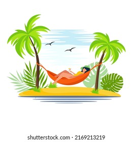 A woman is lying in a hammock. The girl is resting and drinking a martini. Palm trees grow, the ocean is all around. The concept of vacation, vacation. Vector illustration