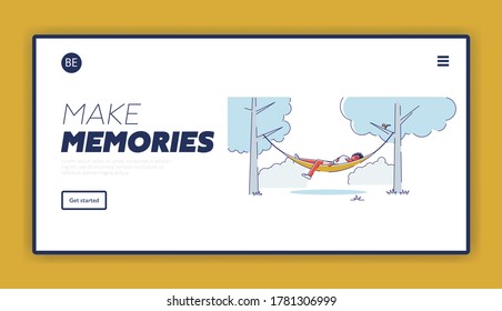 Woman lying in hammock hanging in park or garden. Adventure travel landing page with cartoon female relaxing sleep outdoors on fresh air. Linear vector illustration