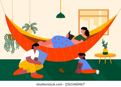 A woman is lying in the hammock at home nearby her family. Brazilian house. Vector Art.