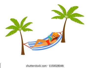 woman lying in hammock on the beach, reading a book, relaxing isolated vector illustration 