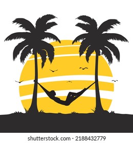 woman Lying In Hammock tied with coconut tree silhouette Beach Vacation at evening Flat Vector Illustration