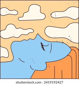 Woman lying with her eyes closed, clouds in the background