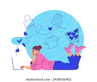 Mujer acostada con su ordenador portátil de compras en línea, ilustrado en un estilo de Vector plano sobre un fondo blanco liso, el concepto de comercio electrónico. Ilustración vectorial moderna