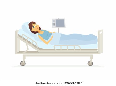 Woman lying in hospital bed - cartoon people characters illustration on white background. A young person suffering from a disease. An image of a ward with a cardiograph. Medical, healthcare theme