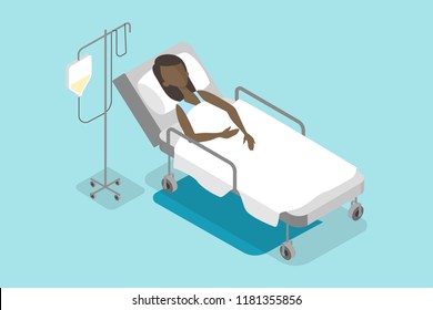 Woman lying in hospital bed. Healthcare and treatment concept. Ill female patient recover after surgery. Vector isometric illustration