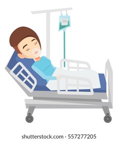 Woman lying in hospital bed with oxygen mask. Woman during medical procedure with drop counter. Patient recovering in bed in hospital. Vector flat design illustration isolated on white background.