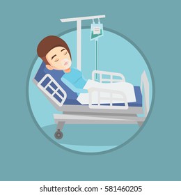 Woman lying in hospital bed with oxygen mask. Woman during medical procedure with drop counter. Patient recovering in hospital. Vector flat design illustration in the circle isolated on background. – Vector có sẵn
