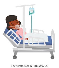 Woman lying in hospital bed with oxygen mask. Woman during medical procedure with drop counter. Patient recovering in bed in hospital. Vector flat design illustration isolated on white background.