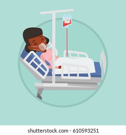 Woman lying in hospital bed with oxygen mask. Woman during medical procedure with drop counter. Patient recovering in hospital. Vector flat design illustration in the circle isolated on background.