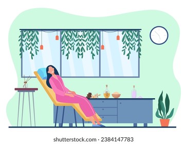 Woman lying in massage couch in spa and wellness center. Flat vector illustration. Detox, relax, wellness retreat concept