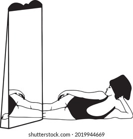 Woman lying near the mirror. Girl enjoying her beauty in mirror reflection. Woman after the shower.  Fit beautiful girl 