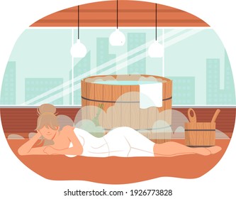 Woman lying near tub with hot water. Bathhouse or banya at home, interior design. Girl next to barrel is resting in sauna. Female character lying in steam. Lady relaxes in bath vector illustration