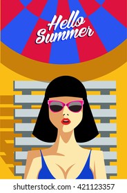 Woman lying on a beach chair in sunglasses Conceptual  vector illustration.