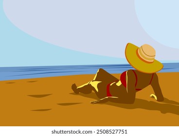 A woman lying on the beach observes the sea in summer. She wears a  in beach costume and a large, wide-brimmed hat.